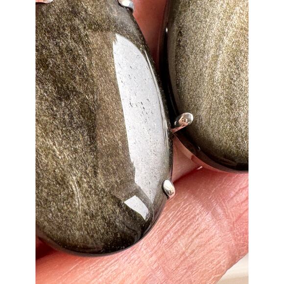 Golden Obsidian Tear Drop Earrings Prong Set Sterling 925 Silver Earrings - Picture 6 of 6